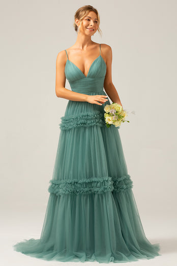 Grey Green Tulle A Line Spaghetti Straps Long Bridesmaid Dress with Ruffles