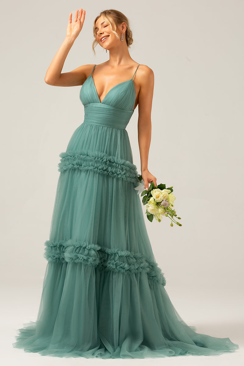 Load image into Gallery viewer, Grey Green Tulle A Line Spaghetti Straps Long Bridesmaid Dress with Ruffles