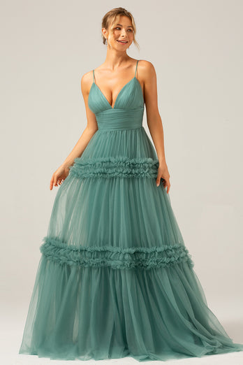 Grey Green Tulle A Line Spaghetti Straps Long Bridesmaid Dress with Ruffles