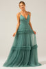 Load image into Gallery viewer, Grey Green Tulle A Line Spaghetti Straps Long Bridesmaid Dress with Ruffles