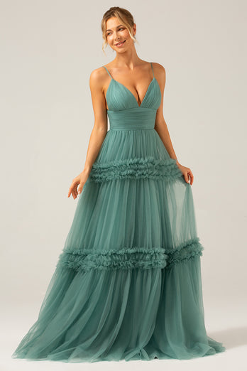 Grey Green Tulle A Line Spaghetti Straps Long Bridesmaid Dress with Ruffles