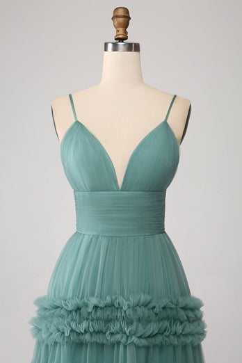 Green A Line Spaghetti Straps Tulle Long Prom Dress with Ruffles