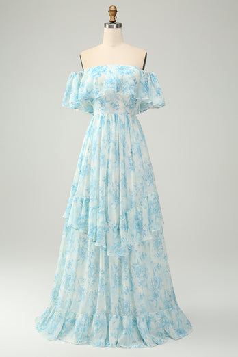 Blue Floral Printed Off The Shoulder Tiered Wedding Guest Dress