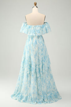 Blue Floral Printed Off The Shoulder Tiered Wedding Guest Dress