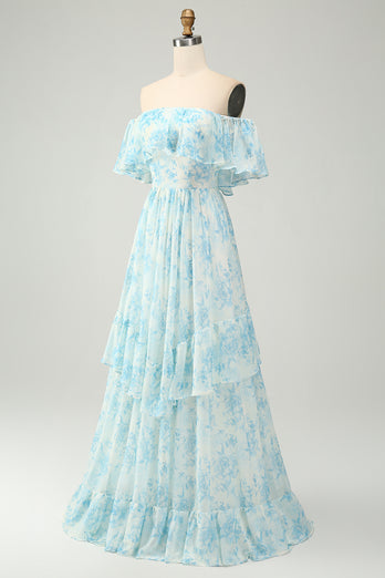 Blue Floral Printed Off The Shoulder Tiered Wedding Guest Dress