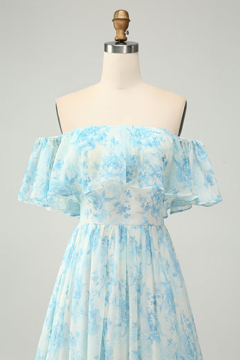 Blue Floral Printed Off The Shoulder Tiered Wedding Guest Dress