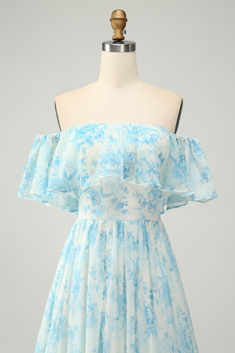 Load image into Gallery viewer, Blue Floral Printed Off The Shoulder Tiered Wedding Guest Dress