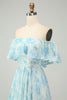 Load image into Gallery viewer, Blue Floral Printed Off The Shoulder Tiered Wedding Guest Dress