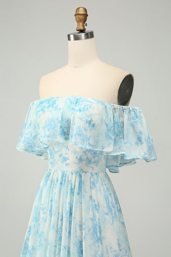 Blue Floral Printed Off The Shoulder Tiered Wedding Guest Dress