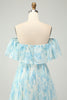 Load image into Gallery viewer, Blue Floral Printed Off The Shoulder Tiered Wedding Guest Dress