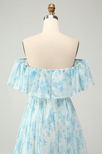 Blue Floral Printed Off The Shoulder Tiered Wedding Guest Dress