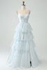 Load image into Gallery viewer, Light Blue Tulle Corset Tiered Prom Dress with Slit