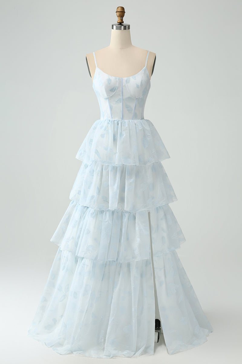 Load image into Gallery viewer, Light Blue Tulle Corset Tiered Prom Dress with Slit