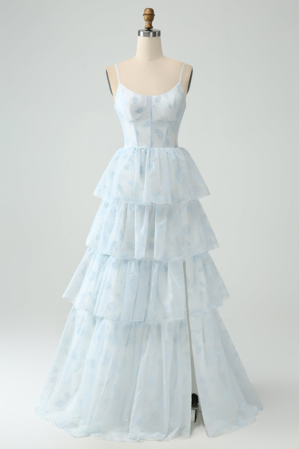 Light Blue Tulle Corset Tiered Prom Dress with Slit