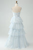 Load image into Gallery viewer, Light Blue Tulle Corset Tiered Prom Dress with Slit