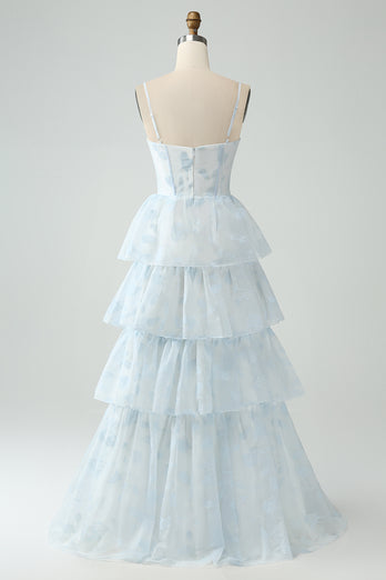 Light Blue Tulle Corset Tiered Prom Dress with Slit