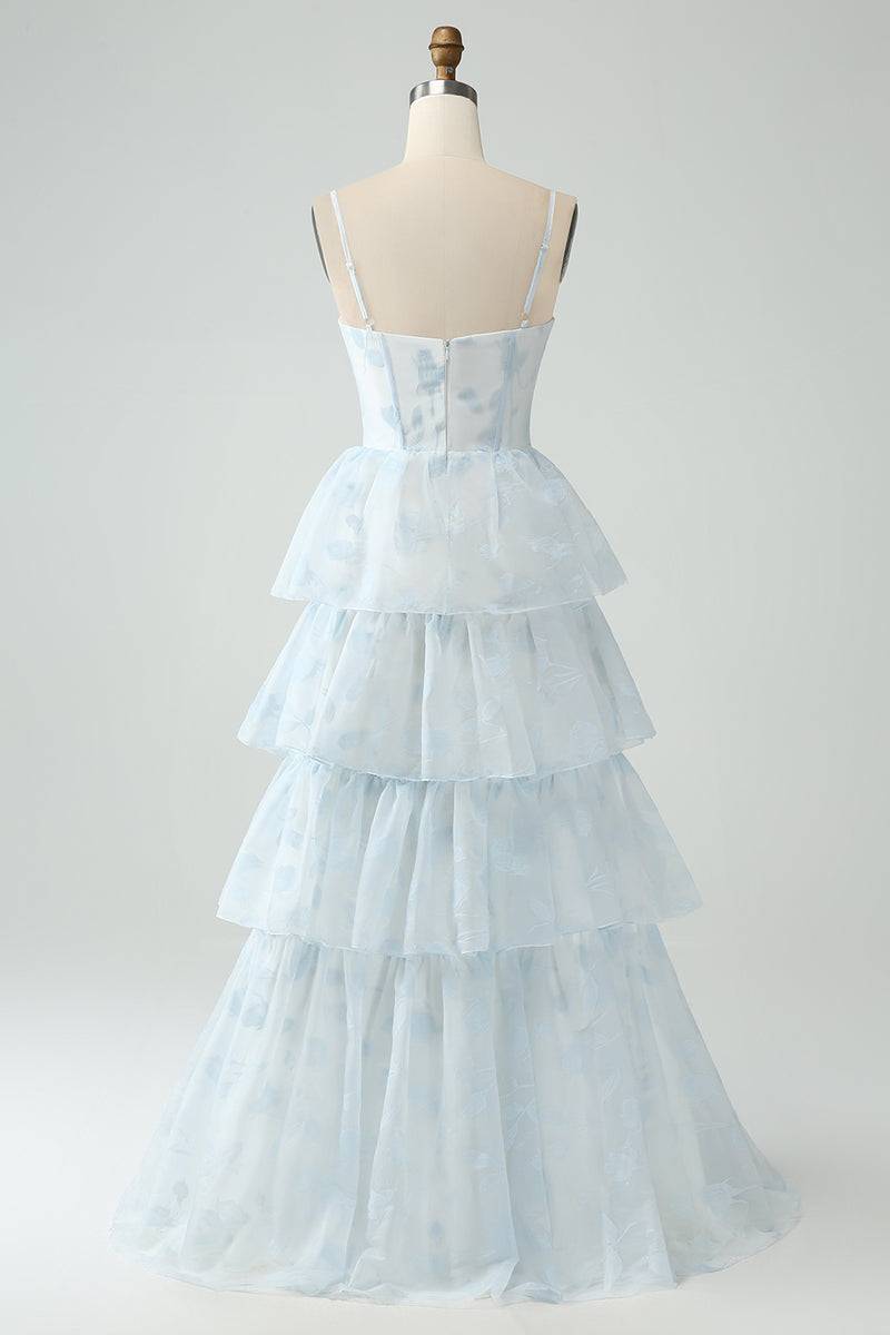 Load image into Gallery viewer, Light Blue Tulle Corset Tiered Prom Dress with Slit