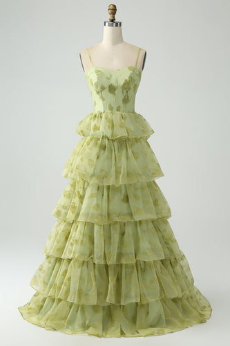 Green Printed Tulle Corset Tiered Prom Dress