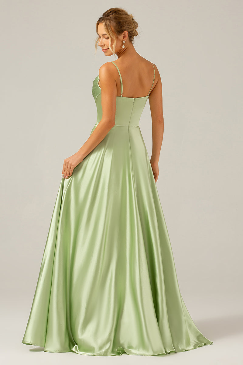 Load image into Gallery viewer, Dusty Sage A Line Cowl Neck Satin Long Bridesmaid Dress with Pleated