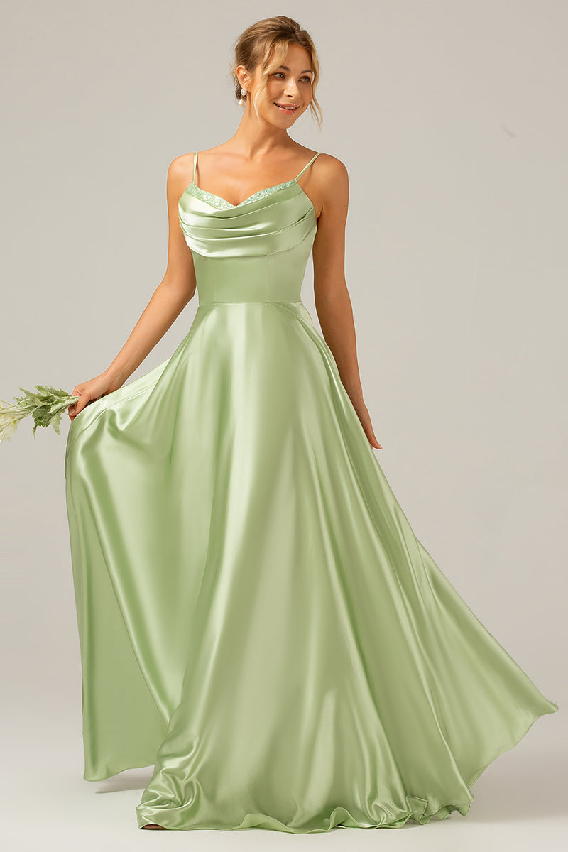 Load image into Gallery viewer, Dusty Sage A Line Cowl Neck Satin Long Bridesmaid Dress with Pleated