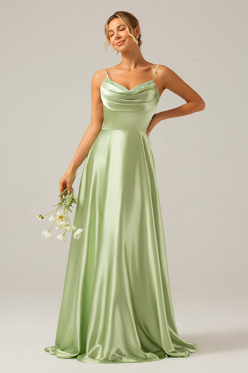 Load image into Gallery viewer, Dusty Sage A Line Cowl Neck Satin Long Bridesmaid Dress with Pleated