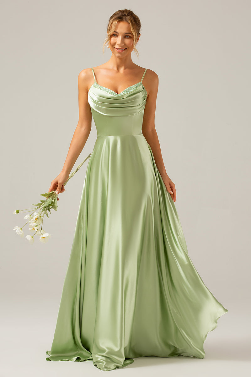 Load image into Gallery viewer, Dusty Sage A Line Cowl Neck Satin Long Bridesmaid Dress with Pleated