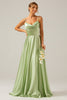 Load image into Gallery viewer, Dusty Sage A Line Cowl Neck Satin Long Bridesmaid Dress with Pleated