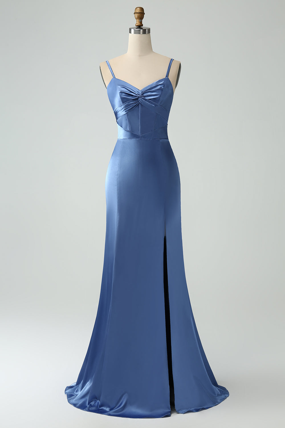 Blue Satin Spaghetti Straps Long Prom Dress with Slit