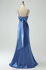 Load image into Gallery viewer, Blue Satin Spaghetti Straps Long Prom Dress with Slit