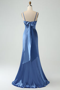 Blue Satin Spaghetti Straps Long Prom Dress with Slit