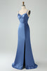 Load image into Gallery viewer, Blue Satin Spaghetti Straps Long Prom Dress with Slit