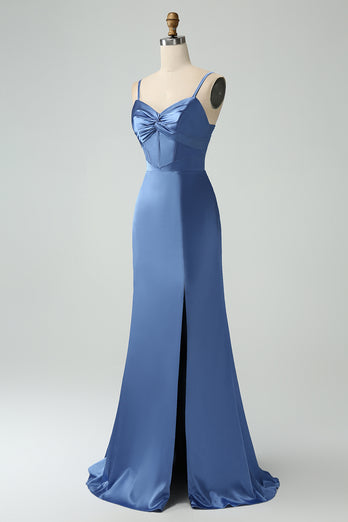 Blue Satin Spaghetti Straps Long Prom Dress with Slit