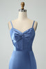 Load image into Gallery viewer, Blue Satin Spaghetti Straps Long Prom Dress with Slit