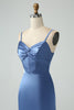 Load image into Gallery viewer, Blue Satin Spaghetti Straps Long Prom Dress with Slit