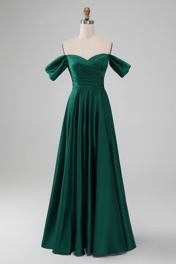 Dark Green Off the Shoulder Satin Bridesmaid Dress with Pleated