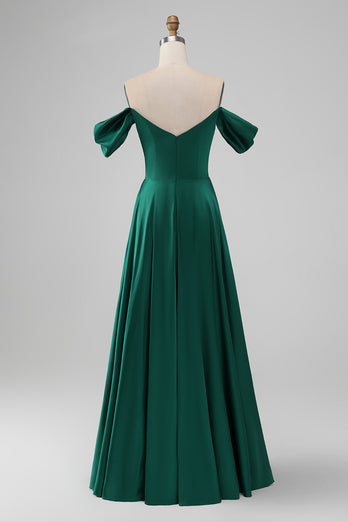 Dark Green Off the Shoulder Satin Bridesmaid Dress with Pleated