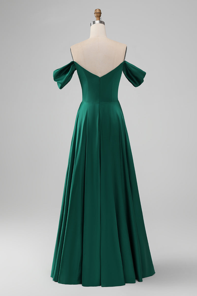 Load image into Gallery viewer, Dark Green Off the Shoulder Satin Bridesmaid Dress with Pleated