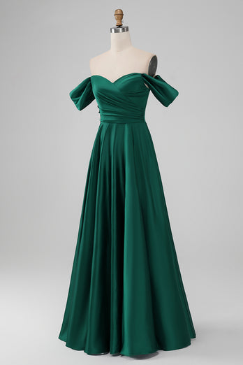 Dark Green Off the Shoulder Satin Bridesmaid Dress with Pleated