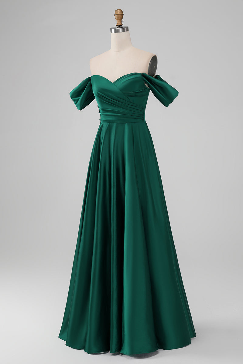 Load image into Gallery viewer, Dark Green Off the Shoulder Satin Bridesmaid Dress with Pleated