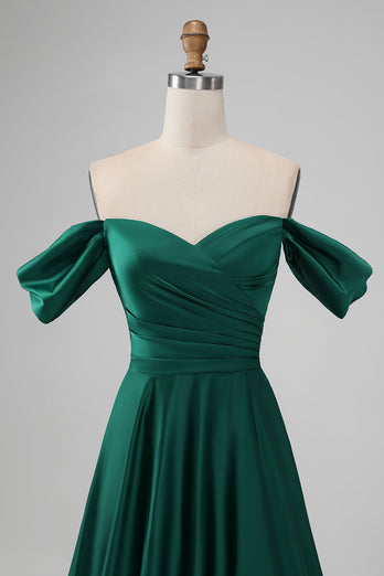 Dark Green Off the Shoulder Satin Bridesmaid Dress with Pleated