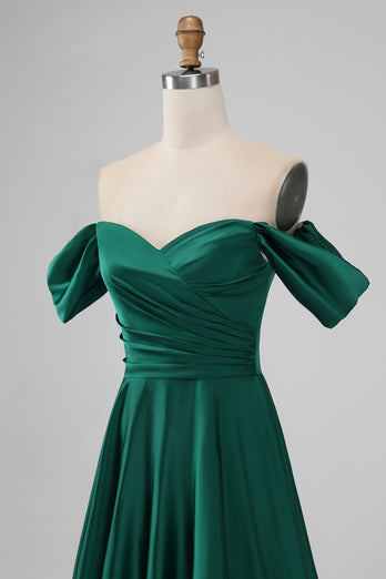 Dark Green Off the Shoulder Satin Bridesmaid Dress with Pleated