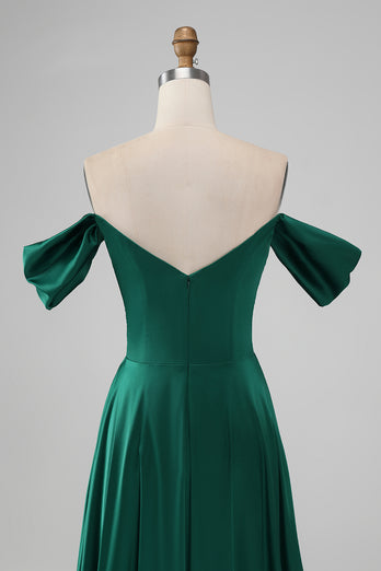 Dark Green Off the Shoulder Satin Bridesmaid Dress with Pleated