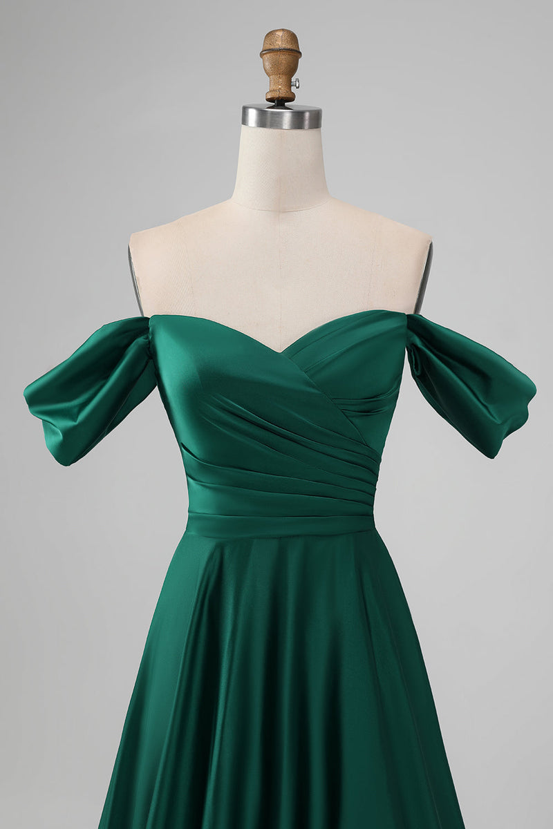 Load image into Gallery viewer, Dark Green Off the Shouder A Line Satin Long Bridesmaid Dress