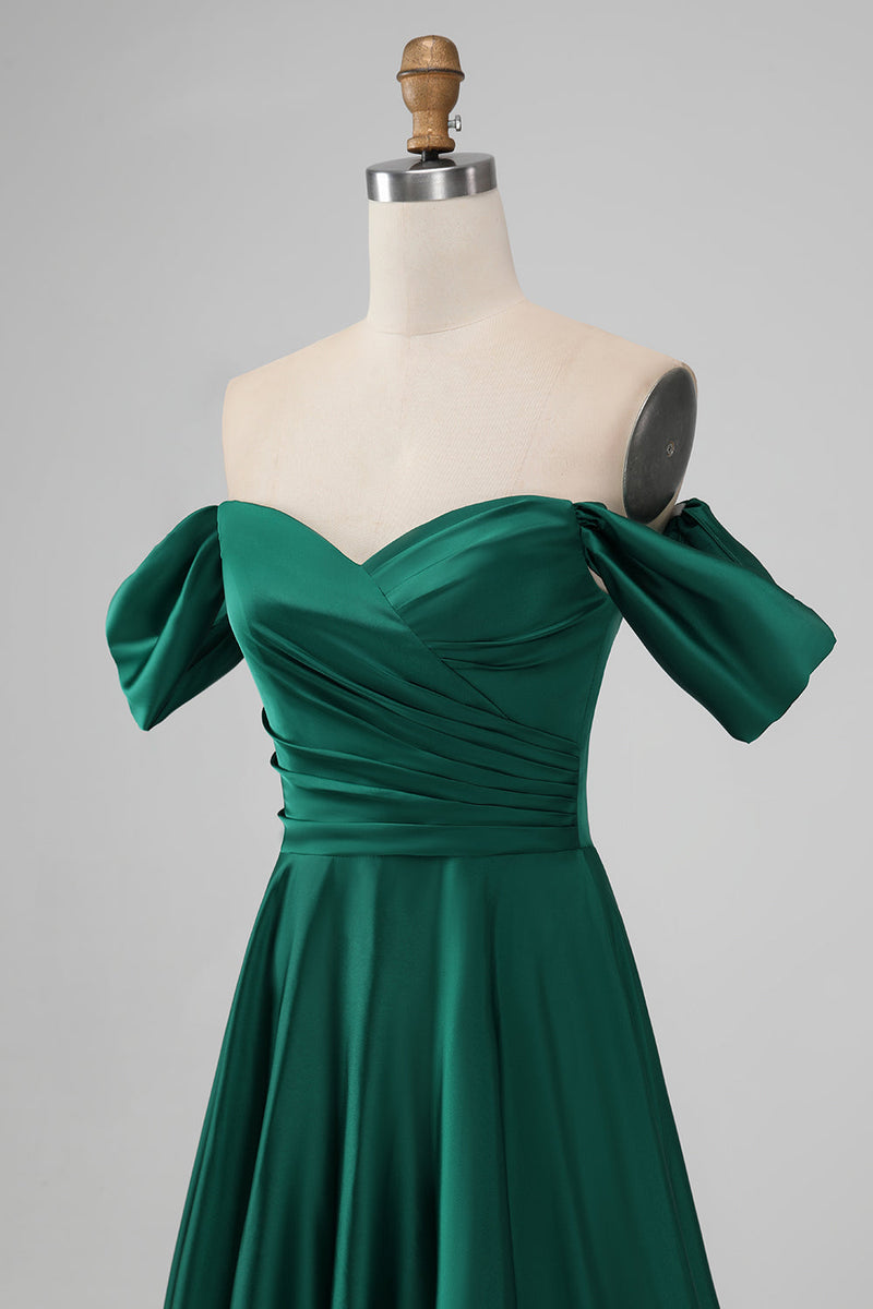 Load image into Gallery viewer, Dark Green Off the Shouder A Line Satin Long Bridesmaid Dress