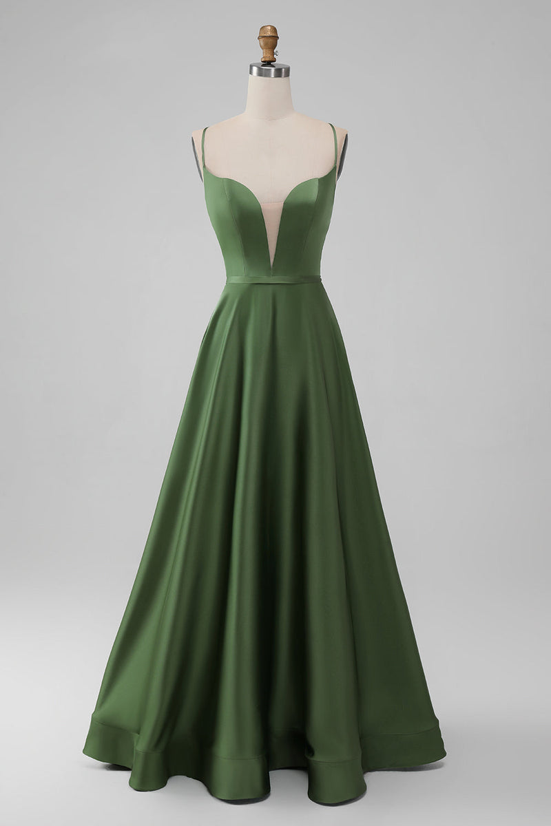 Load image into Gallery viewer, Green Satin V Neck A-line Long Bridesmaid Dress