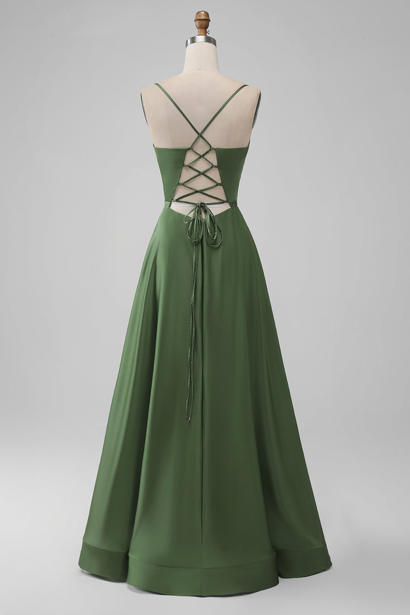 Load image into Gallery viewer, Green Satin Bridesmaid Dress with Lace Up Back