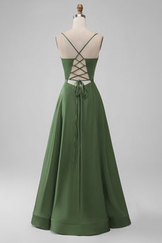 Green Satin V Neck A-line Long Bridesmaid Dress