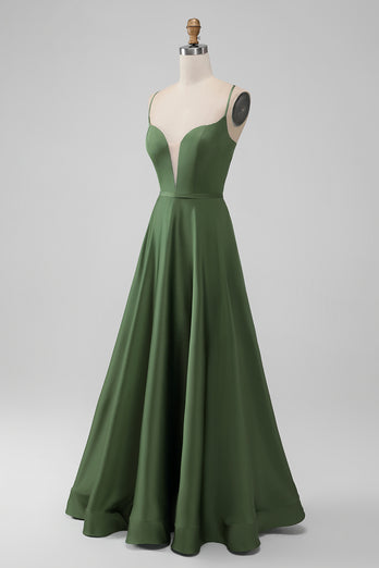 Green Satin Bridesmaid Dress with Lace Up Back