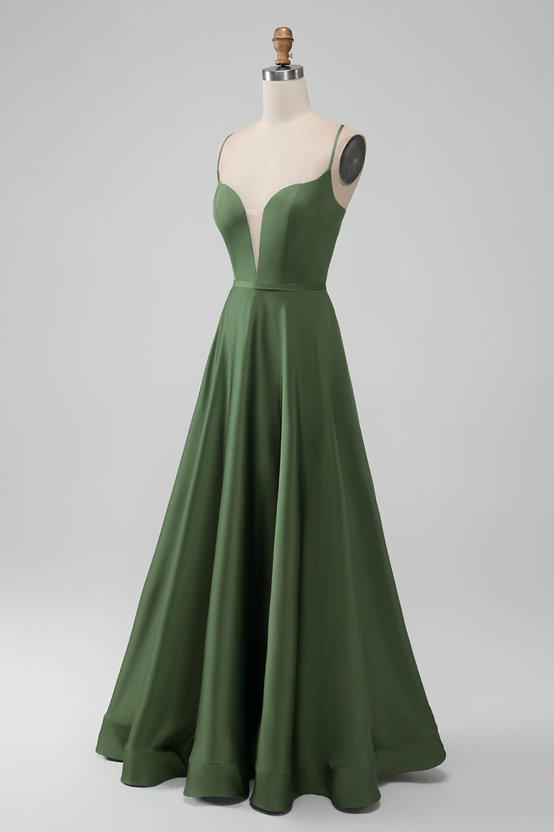 Load image into Gallery viewer, Green Satin Bridesmaid Dress with Lace Up Back