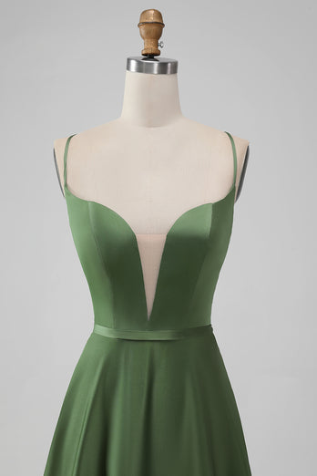 Green Satin Bridesmaid Dress with Lace Up Back